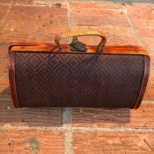 Brown Wood & Bamboo Woven Retro Style Mini Handbag Size 9 1/4”L